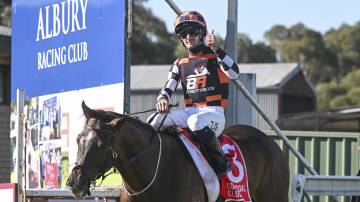 Tyler Schiller gives the thumbs up after winning the Albury Gold Cup aboard Fawkner Park back in March. Picture by The Border Mail