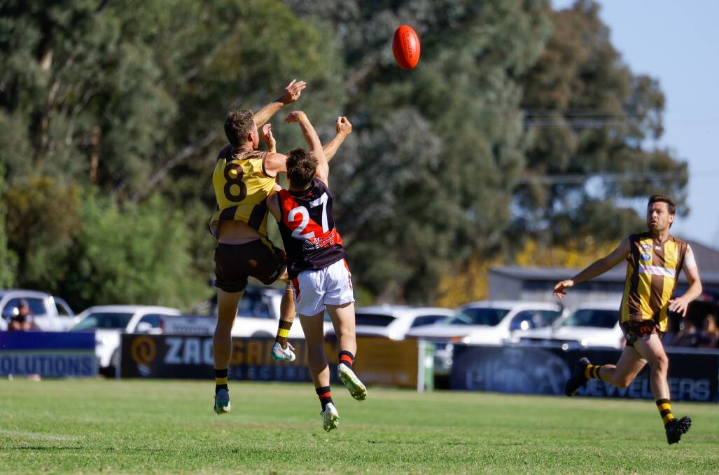 East Wagga-Kooringal's Luke Gerhard competes with Marrar's Coby Bourke in last Saturday's Farrer League game at Gumly Oval. Picture by Bernard Humphreys