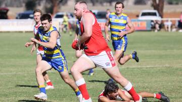 Collingullie-Wagga forward Nate Mooney goes on the attack in the Demons' big win over Mangoplah-Cookardinia United-Eastlakes at Crossroads Oval on Saturday. Picture by Les Smith
